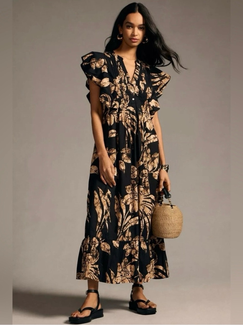 Anthropologie Maeve Cassandra Maxi Dress Ruffle Cotton Floral Boho Size XS